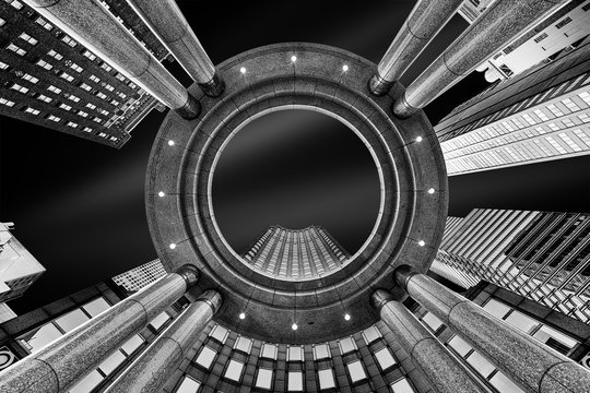 Fine Art, black and white, abstract, upward perspective of New York skyscrapers
