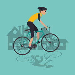 Obraz premium bike and cyclist over town houses background icons image vector illustration 