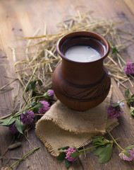 Milk in a clay jug on rustic wooden table with grasses and clover.
