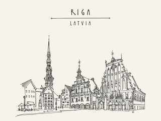Fototapeta premium House of the Blackheads, St. Peters Church and statue of Roland in Riga old town, Latvia, Europe. Hand drawn postcard