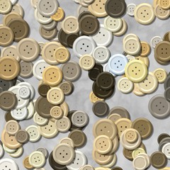 a lot of natural beige multi colored vintage clothing plastic buttons randomly scattered on the gray background - top view