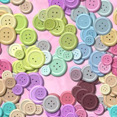 a lot of pastel multi colored vintage clothing plastic buttons randomly scattered on the sweet pink background - top view