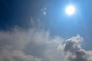 Dramatic beautiful blue sky with clouds and the sun rays.