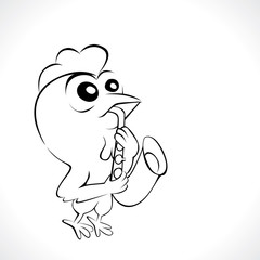 Cartoon chicken playing saxophone. Vector illustration of funny chicken cartoon character isolated on white background for coloring book.