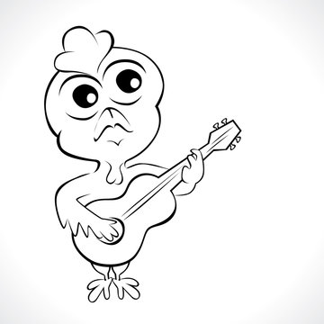 Cartoon chicken playing guitar. Vector illustration of funny chicken cartoon character isolated on white background for coloring book.