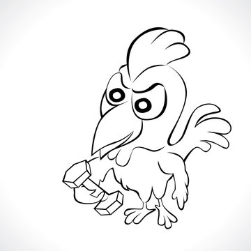 Cartoon chicken taking dumbbell. Vector illustration of funny chicken cartoon character isolated on white background for coloring book.