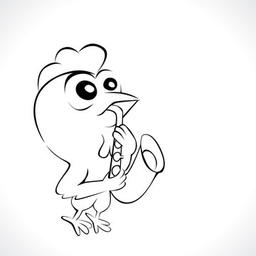 Cartoon chicken playing saxophone. Vector illustration of funny chicken cartoon character isolated on white background for coloring book.