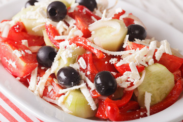 Bulgarian Shopska salad vegetables with cheese macro. Horizontal

