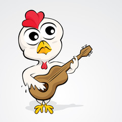 Cartoon chicken playing guitar. Vector illustration of funny chicken cartoon character isolated on white background.