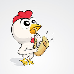 Cartoon chicken playing saxophone. Vector illustration of funny chicken cartoon character isolated on white background.