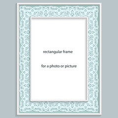 3D Vector bas-relief rectangular frame for photo or picture, vintage vignette with openwork border,  festive pattern, gift template.
