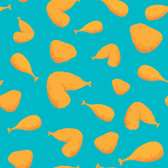 Vector illustration of a seamless pattern with chicken drumsticks and wings isolated on blue background.