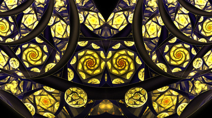 Abstract mosaic ornament with stylized golden roses on black background. Symmetrical pattern. Fantasy fractal design in navy blue, orange and yellow colors.