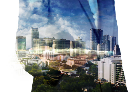 Businessman with Tablet and City of Bangkok, double exposure as