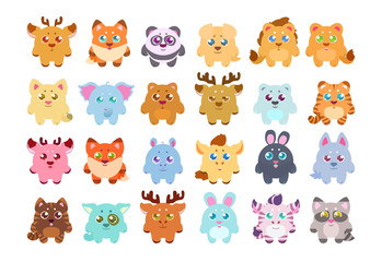 Obraz premium Big stickers, patches collection: cute cartoon baby animals, fauna of the world, icon set isolated on white. Hand drawn colorful Vector illustration.