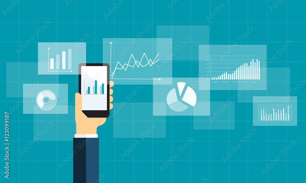 Poster flat business analytics graph on mobile device and  finance investment planning background 
