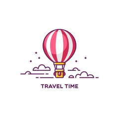 Time to travel. Air balloon in the sky with clouds. Vector illustration.