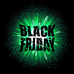 Black Friday. Christmas sale, discounts. Destroyed text on the background of the cloud of explosion of light and dust. Bright green advertising banner. Vector illustration