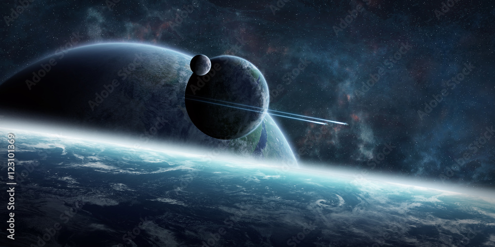 Poster Sunrise over distant planet system in space 3D rendering element