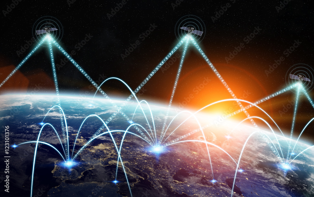 Leinwandbilder global network and satellite data exchange 3d rendering elements