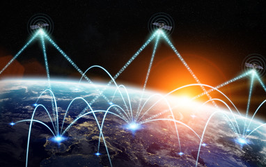 Global network and satellite data exchange 3D rendering elements - obrazy, fototapety, plakaty