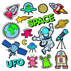 Fashion Badges, Patches, Stickers set with Space, UFO, Robots and Funny Aliens in Pop Art Comic Style. Vector illustration