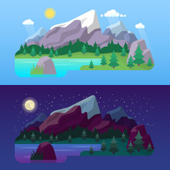 Nature Mountain Landscape Day and Night with Green Forest and Lake. Vector Background