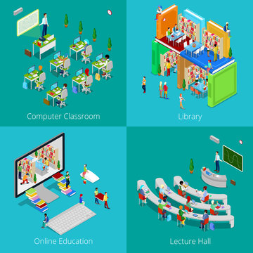 Isometric Educational Concept. University Computer Classroom, Online Education, Library with Students, College Lecture Hall. Vector 3d flat illustration