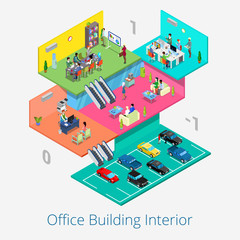 Obraz premium Isometric Office Center Interior. Business Meeting Room, Reception, Car Parking Floor. Vector 3d flat illustration