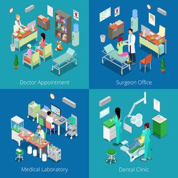 Isometric Hospital Interior. Doctor Appointment, Medical Laboratory, Dental Clinic, Surgeon Office. Vector 3d flat illustration