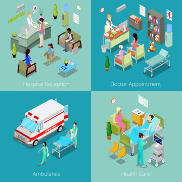 Isometric Hospital Interior. Doctor Appointment, Hospital Reception, Ambulance First Aid, Health Care. Vector 3d flat illustration