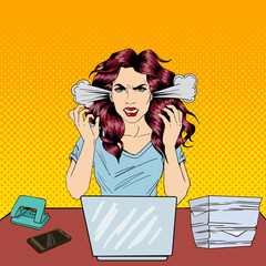 Pop Art Screaming Angry Business Woman with Laptop at Office Work. Vector illustration