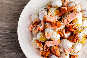 Salmon and young potato warm salad with a lemony yogurt dressing