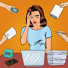 Pop Art Business Woman has a Headache at Office Multi Tasking Work. Vector illustration