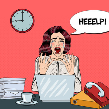 Pop Art Crying Stressed Business Woman Screaming at Multi Tasking Office Work. Vector illustration