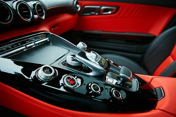 Detail of modern car interior, gear stick