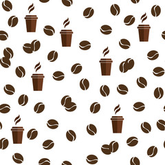 Tea or coffee cups seamless vector pattern with coffee beans (corns).