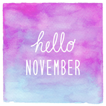 Hello November text on blue and purple watercolor background