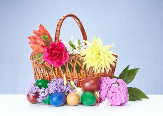 Colored eggs at Easter basket