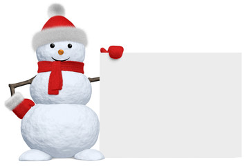 Snowman with blank white board isolated