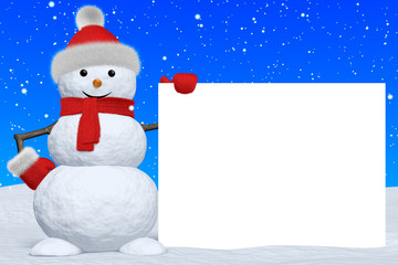 Snowman with blank white board under snowfall