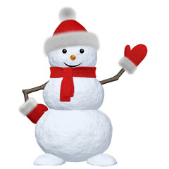 Snowman with scarf on white pointing to something