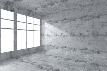 Empty concrete room corner with windows interior