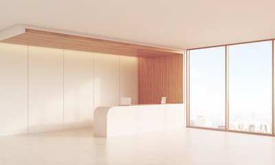 Side view of sunlit reception desk with window