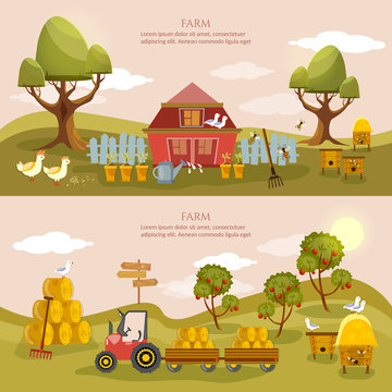 Farm agriculture banner rural landscape farmer products