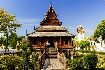 Fototapeta premium Thai wooden temple architecture Wat Thung Si Muang ,Ubon ratchatani.Thailand.
