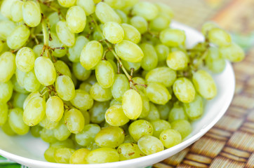 Color photo of green grapes called a white plate.