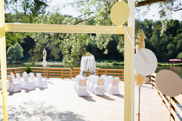 White paper decor on the wooden frame and a view through it on a