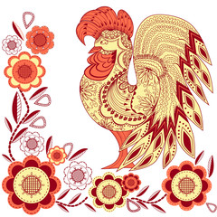 Graphic rooster figure, red yellow ornament with flowers