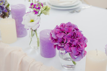 Fototapeta na wymiar Tender violet lilac put in a glass with water stands behind a ca